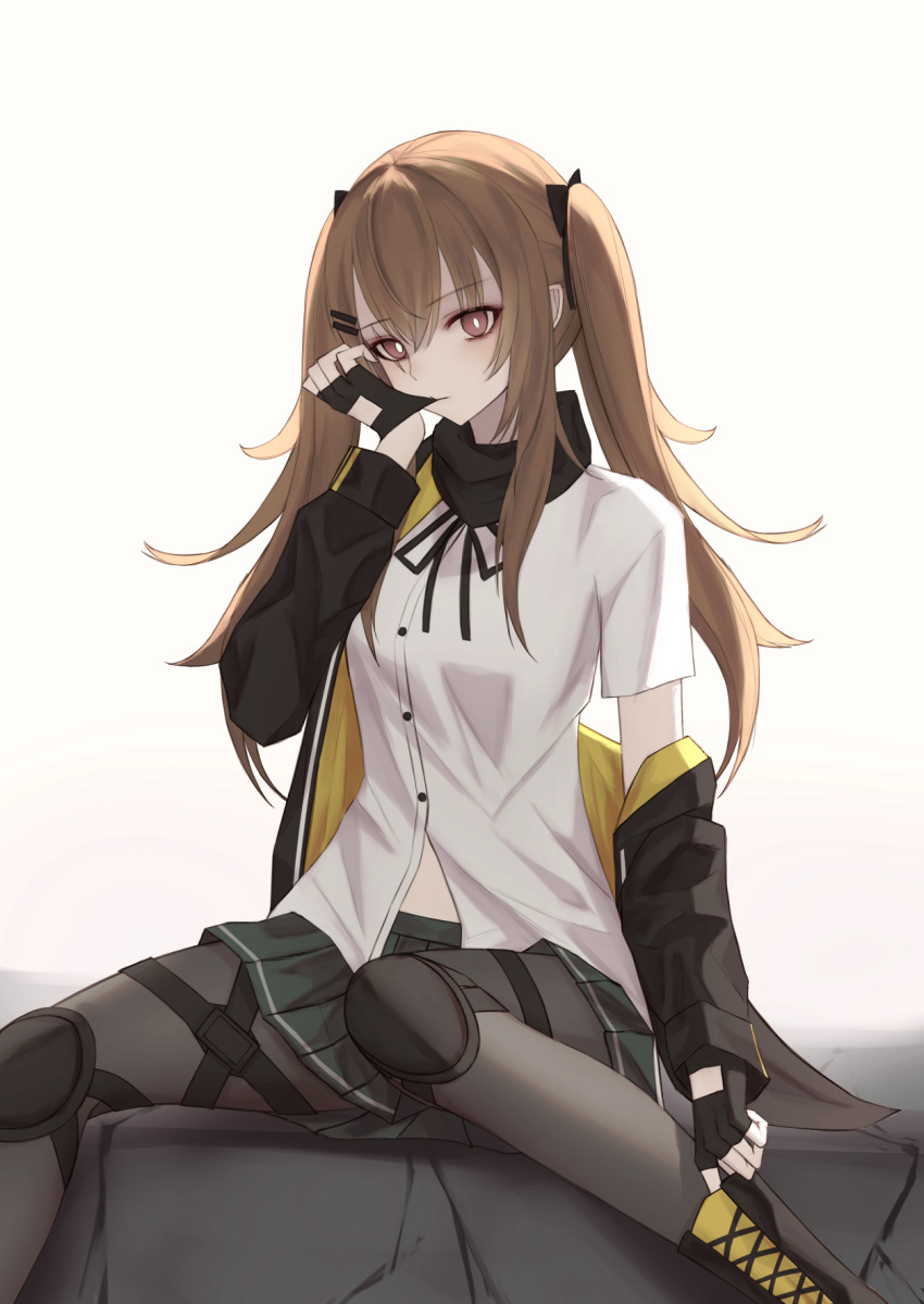 1girl bangs black_bow black_footwear black_gloves black_jacket black_pantyhose black_ribbon black_scarf boots bow breasts brown_hair closed_mouth feet_out_of_frame fingerless_gloves girls'_frontline glove_in_mouth gloves green_skirt hair_bow hair_ornament hairpin highres jacket jacket_pull knee_pads long_hair long_sleeves looking_at_viewer medium_breasts mouth_hold neck_ribbon open_clothes open_jacket pantyhose red_eyes ribbon scar scar_across_eye scarf shirt sitting_on_rock skirt solo spread_legs thomas_8000 twintails ump9_(girls'_frontline) white_background white_shirt