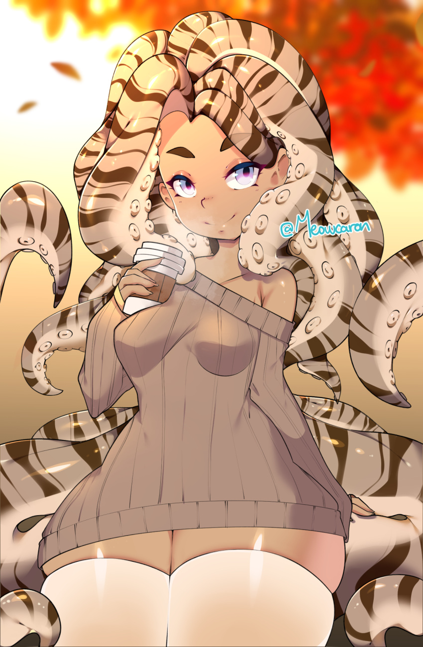 animal_humanoid beverage breasts cephalopod cephalopod_humanoid clothing container cup female hi_res holding_cup holding_object humanoid legwear marine marine_humanoid meowcaron mollusk mollusk_humanoid pseudo_hair solo sweater tentacle_hair tentacles thick_thighs thigh_highs topwear wide_hips