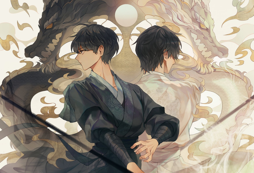 2boys arm_wrap black_eyes black_hair black_robe chinese_clothes choi_han concentrating dragon dual_persona eastern_dragon highres korean_commentary lout_of_count's_family male_focus mua multiple_boys robe short_hair simple_background upper_body white_robe