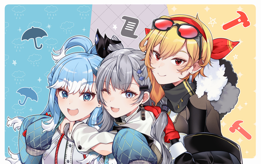 3girls :d ;d bangs black_jacket black_ribbon black_scarf blonde_hair blue_eyes blue_hair blush braid braided_bangs closed_mouth commentary cone_hair_bun drawstring earrings english_commentary eyewear_on_head fur_collar gloves grey_hair group_hug hair_between_eyes hair_bun hair_ornament hair_ribbon hairband highres holoh3roes hololive hololive_indonesia hug jacket jewelry kaela_kovalskia kobo_kanaeru long_hair long_sleeves looking_at_viewer medium_hair mitsumine_(ookami_no_oyashiro) multicolored_background multicolored_hair multiple_girls off_shoulder one_eye_closed red-tinted_eyewear red_eyes red_gloves red_hairband ribbon scarf shiny shiny_hair sidelocks sleeves_past_fingers sleeves_past_wrists smile stud_earrings sunglasses teeth tinted_eyewear two-tone_hair upper_body upper_teeth vestia_zeta virtual_youtuber white_hair white_jacket