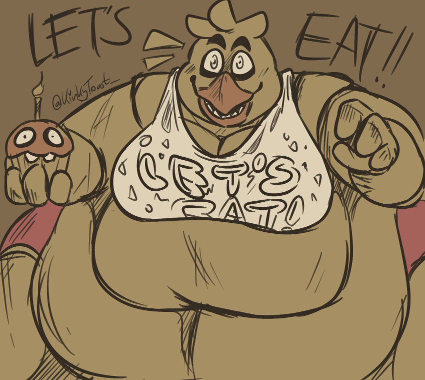 animatronic anthro avian beak belly big_breasts bird bra breasts chica_(fnaf) chicken clothing cupcake_(fnaf) eyebrows female five_nights_at_freddy's front_view galliform gallus_(genus) hi_res hungry machine navel obese obese_female overweight overweight_anthro overweight_female phasianid robot scottgames solo underwear video_games