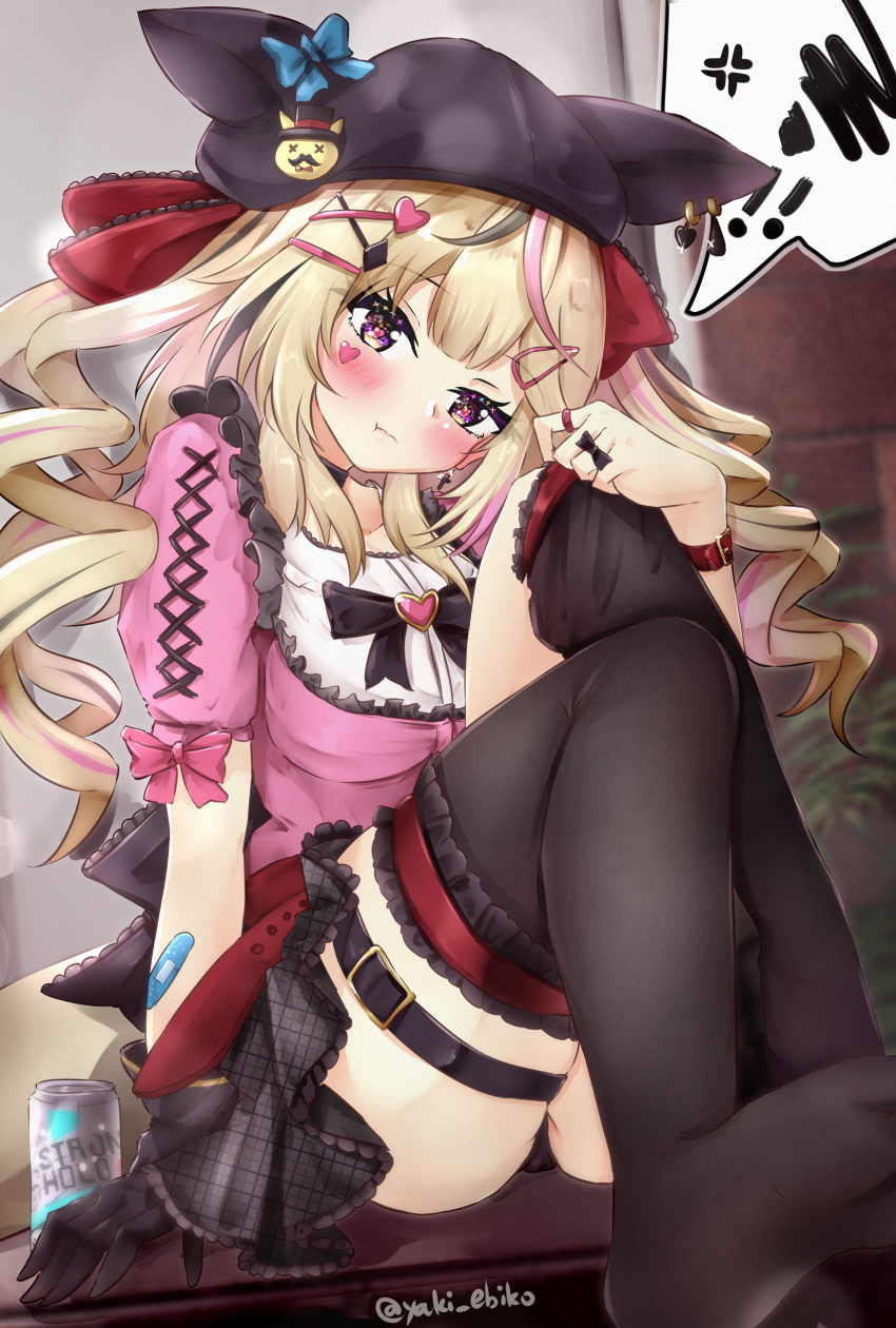 1girl absurdres adjusting_clothes adjusting_legwear alternate_costume alternate_hairstyle animal_ears bandaid bangs belt black_gloves black_hair black_headwear black_thighhighs blonde_hair blurry blurry_background blush breasts can collarbone commentary_request desk drill_hair fine_fabric_emphasis fox_ears fox_girl fox_tail frilled_shirt_collar frilled_skirt frilled_thighhighs frills gloves hair_ornament hairclip head_tilt heart highres hololive indoors leaning_back long_hair looking_at_viewer medium_breasts mr_lobster multicolored_hair no_shoes omaru_polka on_desk pink_hair pink_shirt pleated_skirt pout red_belt shirt single_glove sitting sitting_on_desk skirt soles solo speech_bubble streaked_hair tail thigh_strap thighhighs twin_drills twitter_username virtual_youtuber