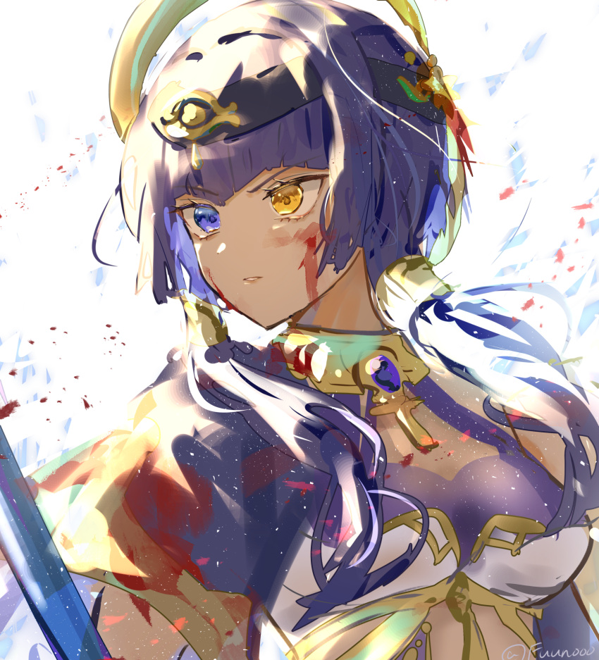 1girl ankh bangs blood blood_on_clothes blood_on_face blood_spray blue_eyes blue_hair candace_(genshin_impact) commentary_request dark-skinned_female dark_skin egyptian_clothes eye_of_horus floating_hair fujito_(call_f_) genshin_impact gold_choker gold_trim hair_tubes heterochromia highres jewelry looking_away looking_to_the_side neck_ring parted_lips short_hair_with_long_locks solo twitter_username upper_body v-shaped_eyebrows white_background yellow_eyes