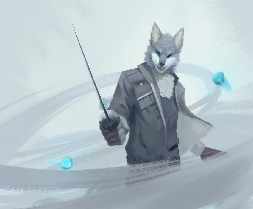 absurd_res anthro awaldkize blue_eyes bottomwear canid cheek_tuft chest_tuft clothed clothing facial_tuft fangs front_view fur grey_body grey_bottomwear grey_clothing grey_fur grey_nose grey_pants grey_topwear hi_res holding_object holding_sword holding_weapon male mammal melee_weapon narrowed_eyes open_mouth pants simple_background solo standing sword topwear tuft unsigned weapon white_body white_fur