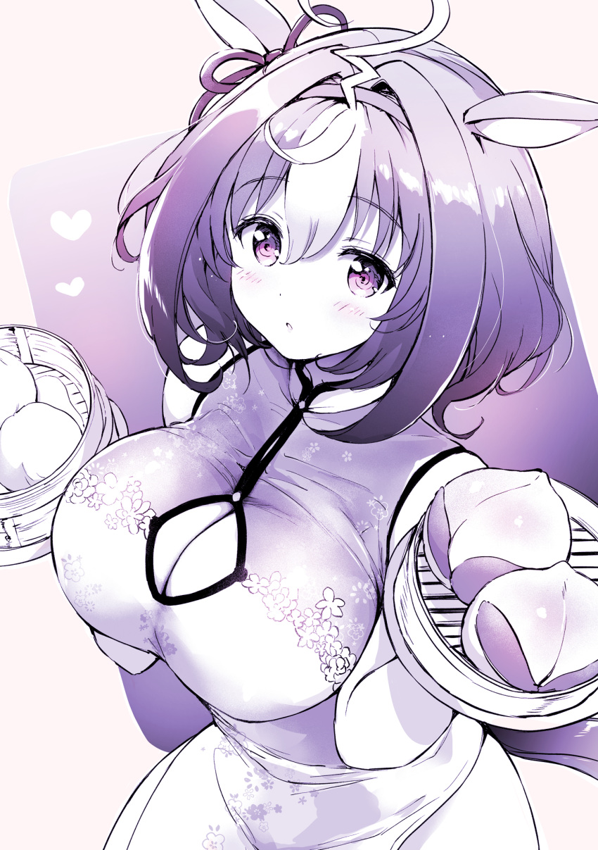 1girl akina_tsukako animal_ears bamboo_steamer breasts cleavage cleavage_cutout clothing_cutout food heart highres horse_ears horse_girl horse_tail large_breasts meisho_doto_(umamusume) monochrome purple_theme solo tail umamusume