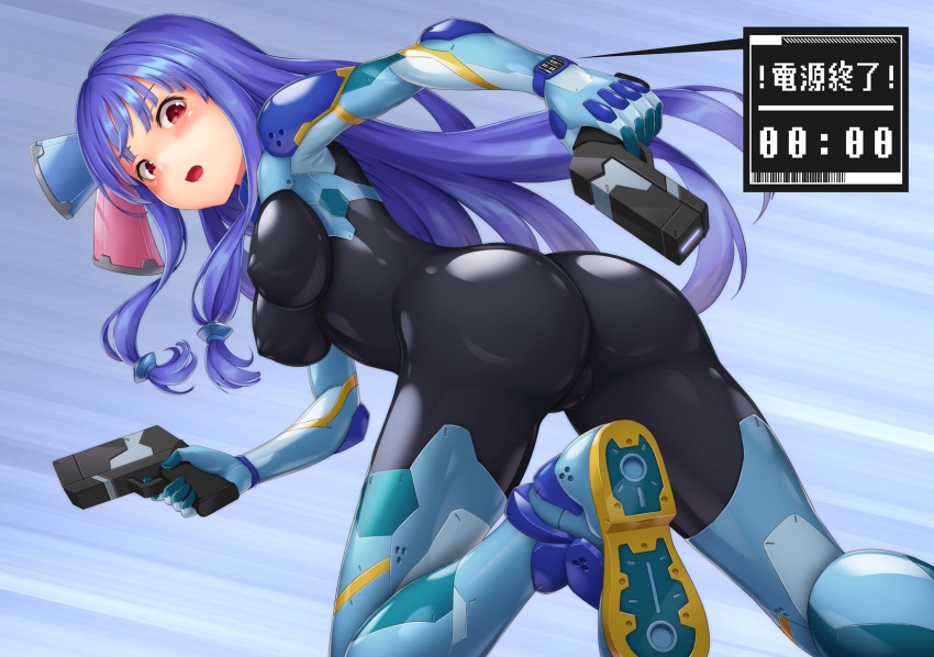 1girl ass bangs blue_hair blush bodysuit breasts covered_nipples dual_wielding gun hair_ornament highres holding holding_gun holding_weapon kotonoha_aoi kurione_(zassou) leg_up long_hair medium_breasts open_mouth pink_eyes sidelocks skin_tight solo voiceroid weapon