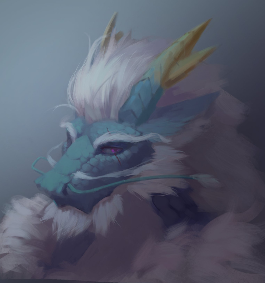 anthro awaldkize beard blue_body blue_horn blue_scales bust_portrait dragon facial_hair hair hi_res horn looking_aside male mouth_closed narrowed_eyes pink_eyes portrait scales simple_background solo three-quarter_view unsigned white_beard white_hair yellow_horn