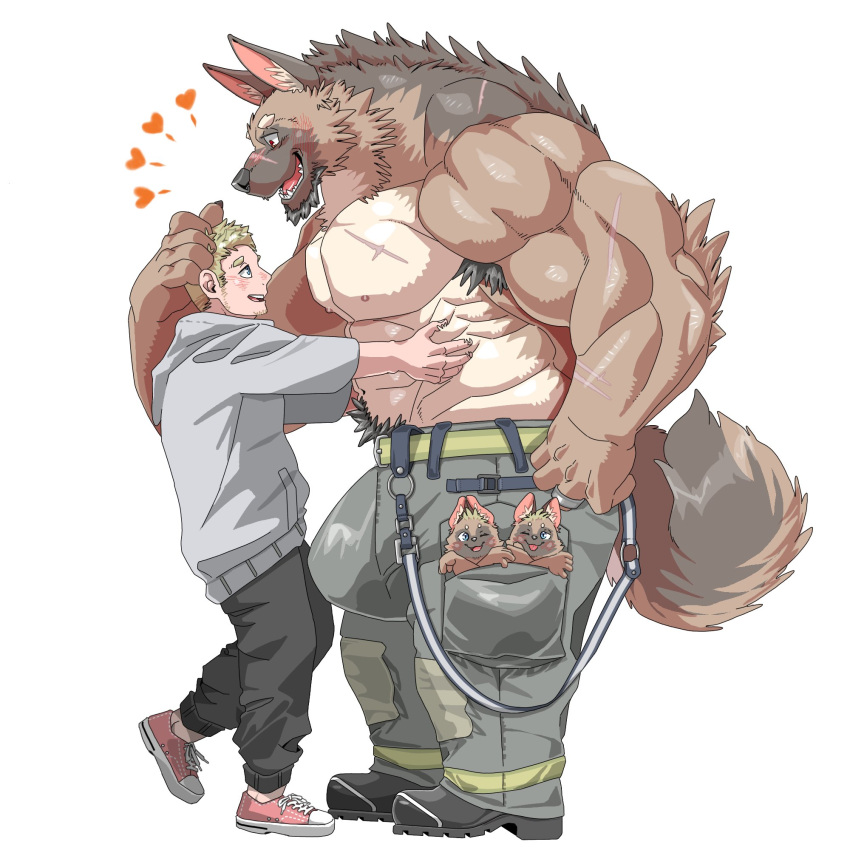 &lt;3 abs anthro armpit_hair beard big_bulge big_muscles big_pecs black_hair blonde_hair body_hair bottomwear brown_body brown_fur bulge canid canine canis chan_kiti_chan_(artist) chest_scar clothing digit_ring domestic_dog embrace eye_contact facial_hair family footwear fur german_shepherd group hair herding_dog hi_res holding_partner hug human human_on_anthro interspecies jewelry larger_anthro larger_male looking_at_another male male/male mammal muscular muscular_anthro muscular_male nipples open_mouth pants pastoral_dog pecs pockets ring romantic romantic_couple scar sharp_teeth shirtless shoes size_difference smaller_human smaller_male sweater teeth topwear wedding_ring