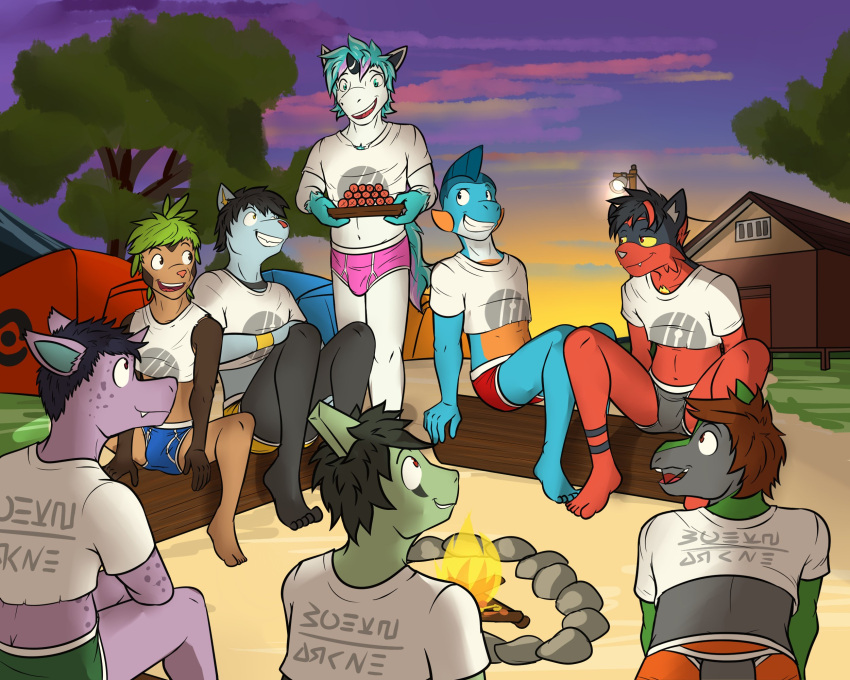 anthro anthrofied barefoot blue_briefs blue_clothing blue_underwear briefs bulge campfire camping chespin cid_(fuze) clothing crop_top evening feet fraxure furgonomics fuze galarian_form galarian_ponyta gao_(fuze) generation_1_pokemon generation_2_pokemon generation_3_pokemon generation_4_pokemon generation_5_pokemon generation_6_pokemon generation_7_pokemon green_briefs green_clothing green_underwear grey_briefs grey_clothing grey_underwear group hi_res holding_object kai_(fuze) larvitar log lucas_(fuze) male marshtomp midriff navel nidoran nidoran♂ nintendo outside pantsless pink_briefs pink_clothing pink_underwear plant pokemon pokemon_(species) pokemorph red_briefs red_clothing red_underwear regional_form_(pokemon) shinx shirt sitting sunset t-shirt tent topwear torracat tree underwear video_games white_seam_briefs wood yellow_briefs yellow_clothing yellow_underwear