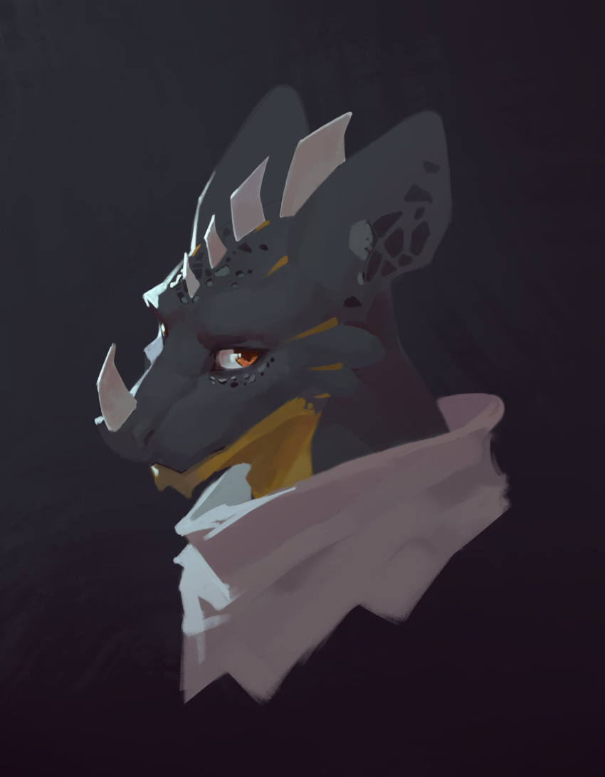 absurd_res anthro awaldkize clothed clothing glistening glistening_eyes grey_body grey_ears headshot_portrait hi_res male mouth_closed orange_eyes portrait scalie side_view simple_background solo topwear unsigned white_clothing white_topwear yellow_body