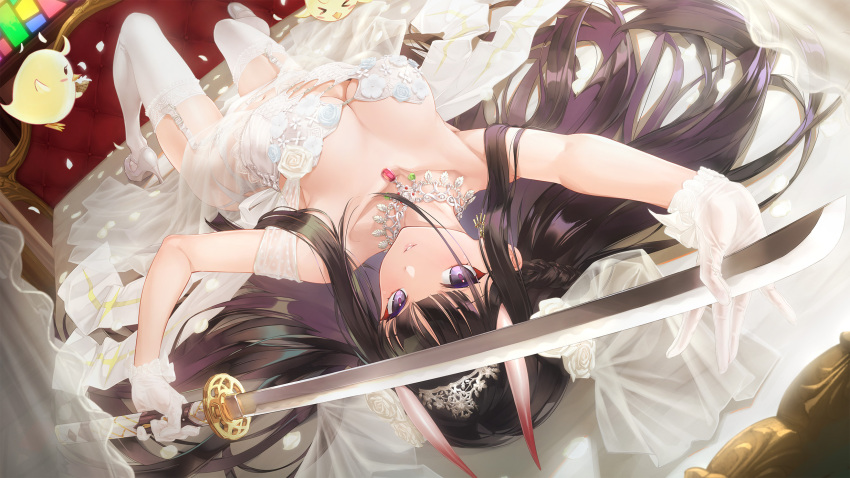 1girl azur_lane breasts brown_hair character_request circlet cleavage collarbone dutch_angle flower garter_straps gloves hair_flower hair_ornament happoubi_jin high_heels highres hime_cut horns jewelry katana long_hair looking_at_viewer lying necklace noshiro_(azur_lane) on_back oni_horns parted_lips petals purple_eyes see-through sidelocks solo sword thighhighs veil weapon white_thighhighs