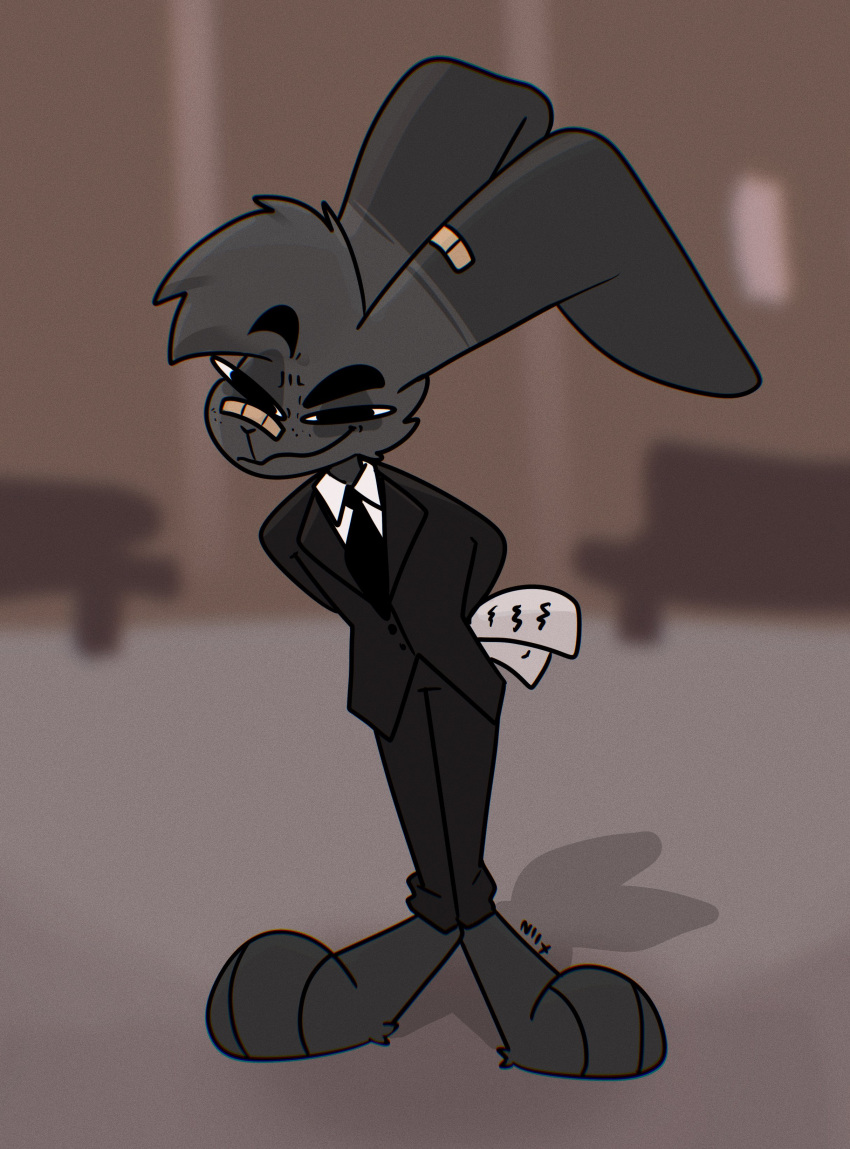 absurd_res anthro band-aid band-aid_on_nose bandage black_body black_fur blurred_background cheek_tuft clothing eyebrows facial_tuft fur grey_body grey_fur half-closed_eyes hi_res lagomorph leporid male mammal narrowed_eyes necktie nick_(the_xing1) rabbit raised_eyebrow simple_background smile smirk smug smug_face solo suit the_xing1 three_piece_suit tuft