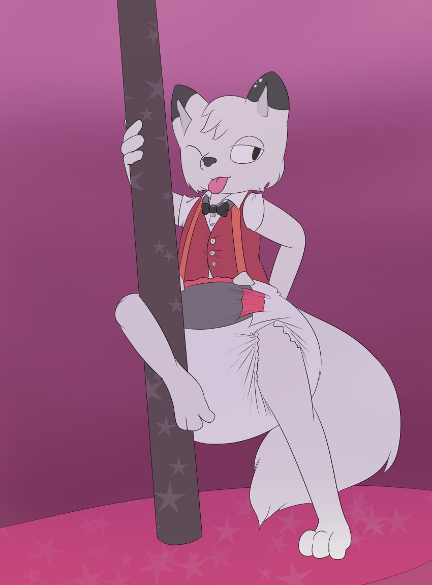 arctic_fox big_tail bow_tie canid canine clothing dancing diaper diaper_fetish fox fur hi_res male mammal one_eye_closed pole pole_dancing rendy_maya sinningsneasel solo stripper_pole tongue tongue_out white_body white_fur wink