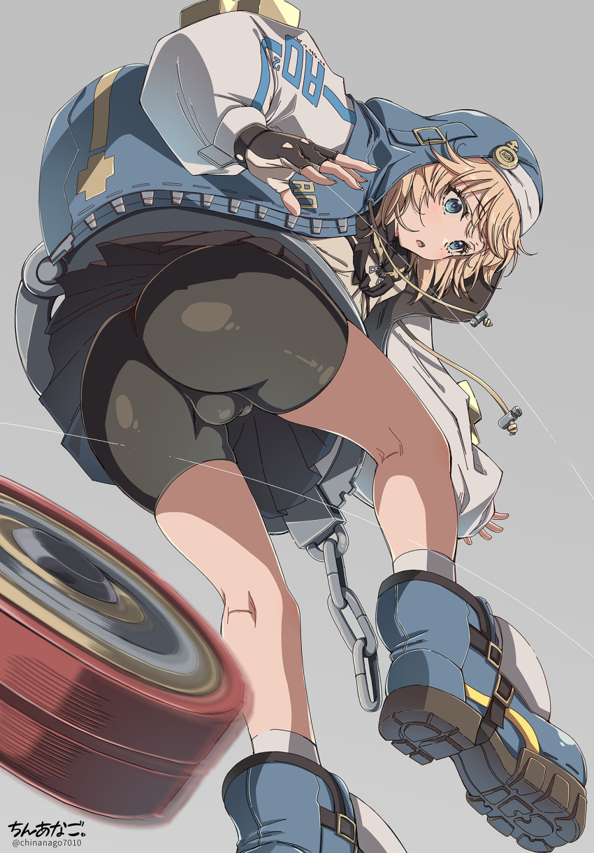 1boy androgyne_symbol ankle_boots bike_shorts black_footwear black_gloves black_jacket black_skirt blonde_hair blue_eyes blush boots bridget_(guilty_gear) bulge chinanago7010 commentary_request fingerless_gloves gloves guilty_gear guilty_gear_strive highres hood hooded_jacket jacket long_sleeves male_focus open_clothes open_jacket open_mouth otoko_no_ko paid_reward_available pleated_skirt raglan_sleeves signature skirt solo surprised twitter_username upskirt white_sleeves