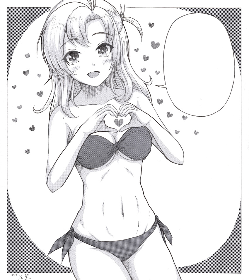 1girl absurdres bandeau bikini breasts cleavage cowboy_shot dated h2_(h20000000) heart heart_hands highres kantai_collection kinugasa_(kancolle) medium_breasts navel one_side_up side-tie_bikini_bottom signature solo speech_bubble strapless strapless_bikini swimsuit template