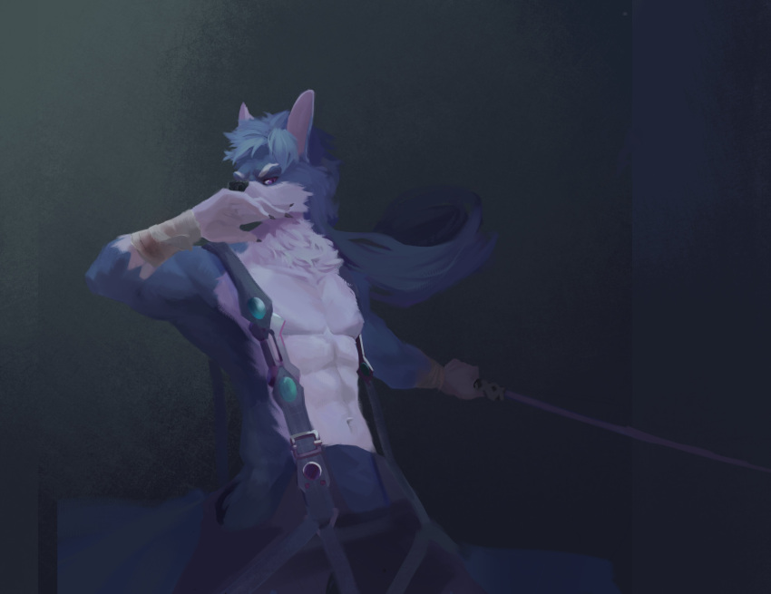 abs absurd_res anthro awaldkize black_nose blue_body blue_fur blue_hair bottomwear canid clothed clothing eyebrows front_view fur glistening glistening_eyes grey_bottomwear grey_clothing grey_pants hair half-length_portrait hi_res holding_object holding_sword holding_weapon looking_at_viewer male mammal melee_weapon messy_hair muscular muscular_anthro muscular_male narrowed_eyes navel pants pecs portrait purple_eyes simple_background solo standing sword topless unsigned weapon white_body white_eyebrows white_fur