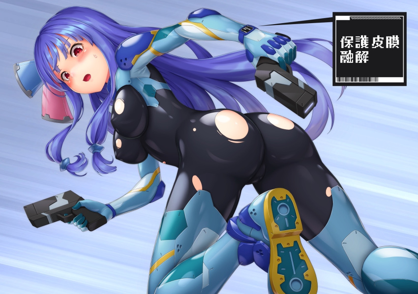 1girl ass bangs blue_hair blush bodysuit breasts covered_nipples dual_wielding gun hair_ornament highres holding holding_gun holding_weapon kotonoha_aoi kurione_(zassou) leg_up long_hair medium_breasts open_mouth pink_eyes sidelocks skin_tight solo torn_bodysuit torn_clothes voiceroid weapon