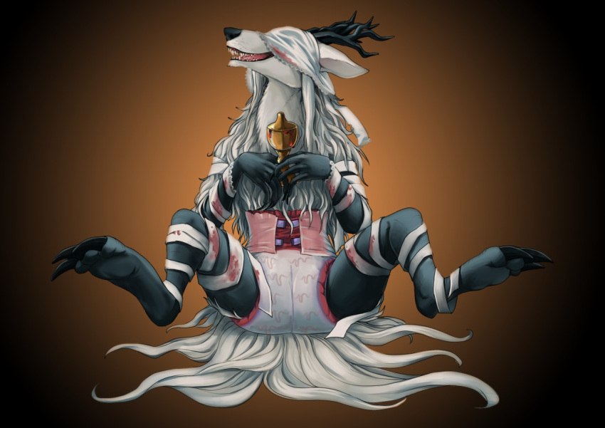 anthro antlers bandage blindfold blood bloodborne bodily_fluids canid canine claws diaper female fetish-art fromsoftware horn mammal sippy_cup sitting smile solo sony_corporation sony_interactive_entertainment spread_legs spreading teeth tongue vicar_amelia video_games were werecanid werecanine werewolf