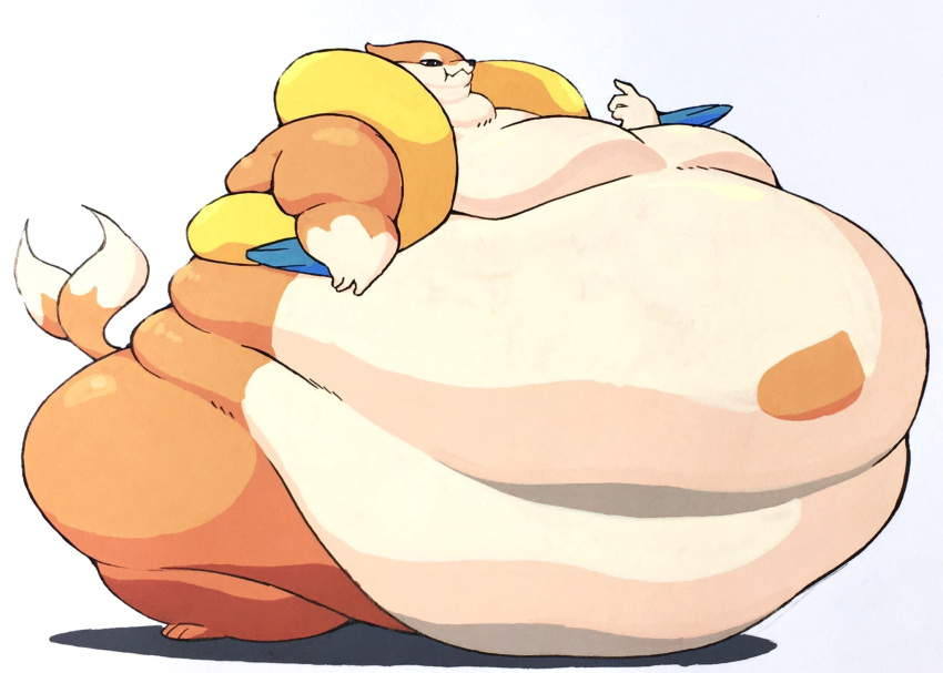 2_tails 3_fingers 3_toes ambiguous_gender anthro arm_fins belly big_belly butt feet fin fingers floatzel fur generation_4_pokemon hi_res hyper hyper_belly love_handles moobs morbidly_obese morbidly_obese_anthro multi_tail nintendo obese obese_anthro orange_body orange_fur overweight overweight_anthro pokemon pokemon_(species) shadow simple_background solo standing toes unpoppo_100 video_games white_background