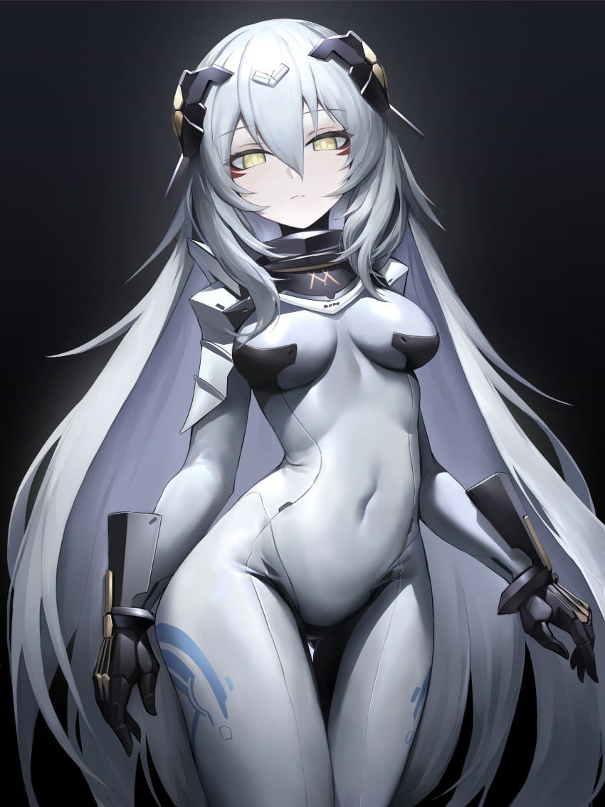 1girl absurdres ass_visible_through_thighs bangs black_background black_gloves bodysuit breasts covered_navel cowboy_shot expressionless girls'_frontline gloves grey_bodysuit grey_hair hair_between_eyes headgear highres long_hair looking_at_viewer medium_breasts nyto_(girls'_frontline) paradeus simple_background skin_tight solo standing tareus_(girls'_frontline) thigh_gap very_long_hair white_hair ye_yemail yellow_eyes