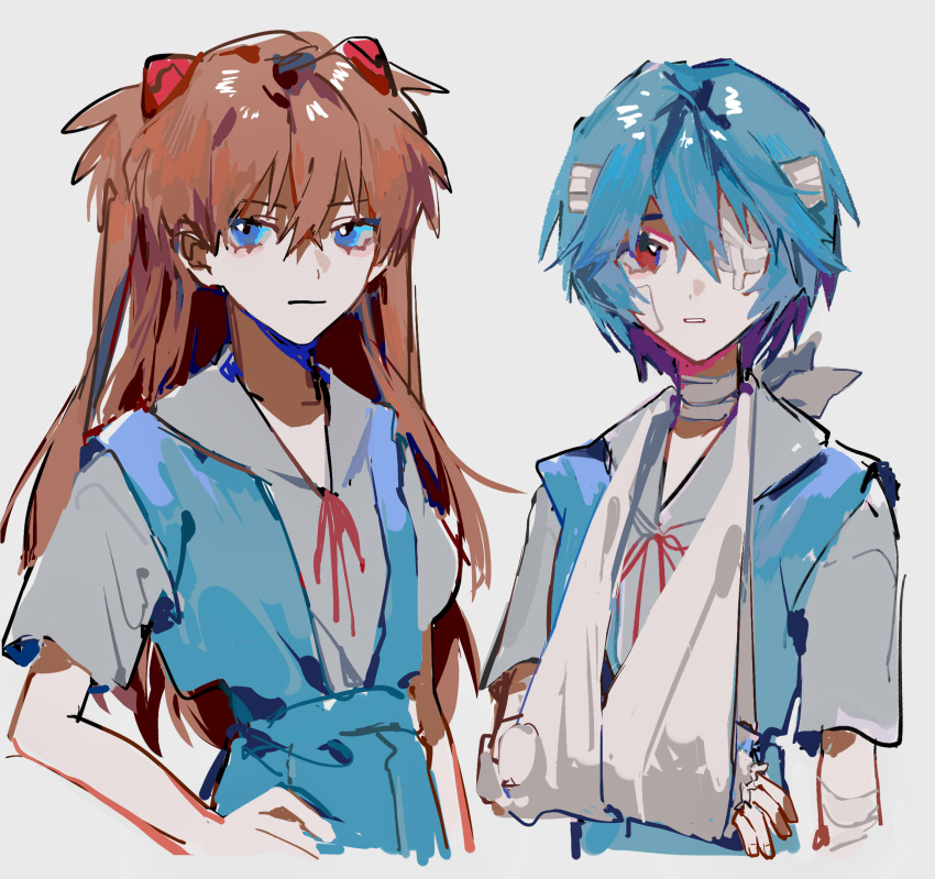 2girls ayanami_rei bandages blank_stare blue_eyes blue_hair blue_skirt cast facing_viewer hand_on_hip highres looking_at_viewer mogutofuoes multiple_girls neon_genesis_evangelion orange_hair red_eyes red_ribbon ribbon school_uniform skirt souryuu_asuka_langley standing white_background