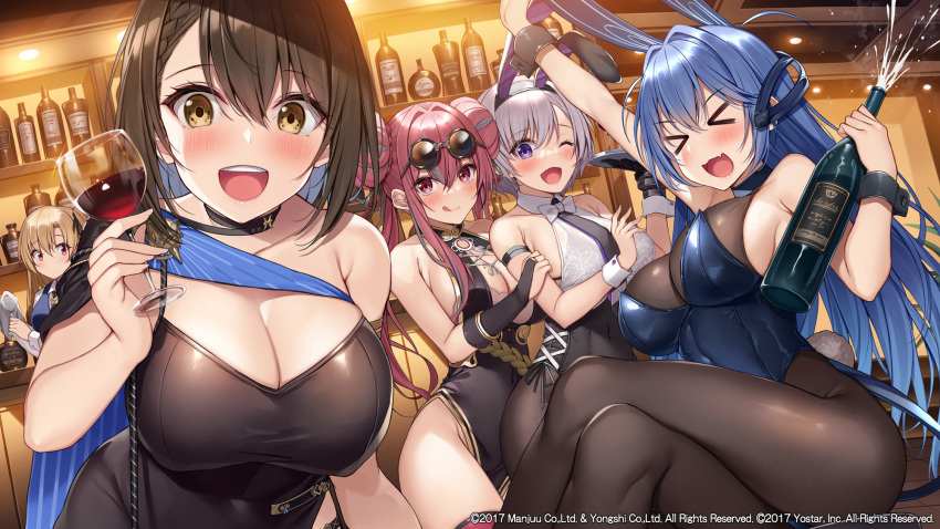 &gt;_&lt; 5girls :d alcohol animal_ears azur_lane baltimore_(azur_lane) baltimore_(evening_breeze_minuet)_(azur_lane) bangs bare_shoulders black_pantyhose blonde_hair blue_eyes blue_hair blue_leotard blush bottle bow bowtie breasts bremerton_(azur_lane) bremerton_(kung_fu_cruiser)_(azur_lane) brown_hair champagne_bottle cleveland_(azur_lane) cleveland_(gentry_knight)_(azur_lane) collarbone commentary_request crossed_legs cup double_bun eyewear_on_head fake_animal_ears grey_hair hair_bun highres large_breasts leotard long_hair looking_at_viewer multiple_girls new_jersey_(azur_lane) new_jersey_(exhilarating_steps!)_(azur_lane) official_alternate_costume official_art one_eye_closed open_mouth pantyhose pink_eyes pink_hair playboy_bunny rabbit_ears reno_(azur_lane) reno_(reno_bunnino)_(azur_lane) short_hair sitting smile sunglasses twintails white_bow white_bowtie wine xe_(execut3r) yellow_eyes