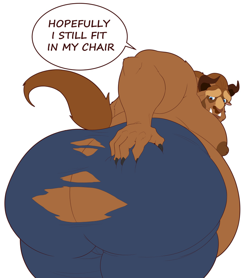 2_horns 5_fingers absurd_res anthro beast_(disney) beauty_and_the_beast belly big_belly big_butt big_nipples blue_bottomwear blue_clothing blue_pants bottomwear brown_belly brown_body brown_fur butt claws clothing dialogue dkmate1 english_text fingers fur green_eyes hand_on_butt hi_res horn huge_butt looking_back male mammal moobs nipples overweight overweight_anthro overweight_male pants shirtless simple_background solo speech_bubble text thick_thighs torn_bottomwear torn_clothing torn_pants tusks white_background