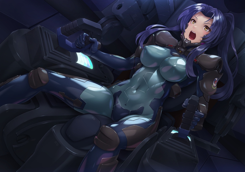 1girl blue_bodysuit bodysuit breasts cockpit covered_navel covered_nipples fortified_suit hair_intakes highres kurione_(zassou) long_hair muvluv open_mouth original pilot_suit ponytail purple_hair sidelocks sitting solo teeth yellow_eyes