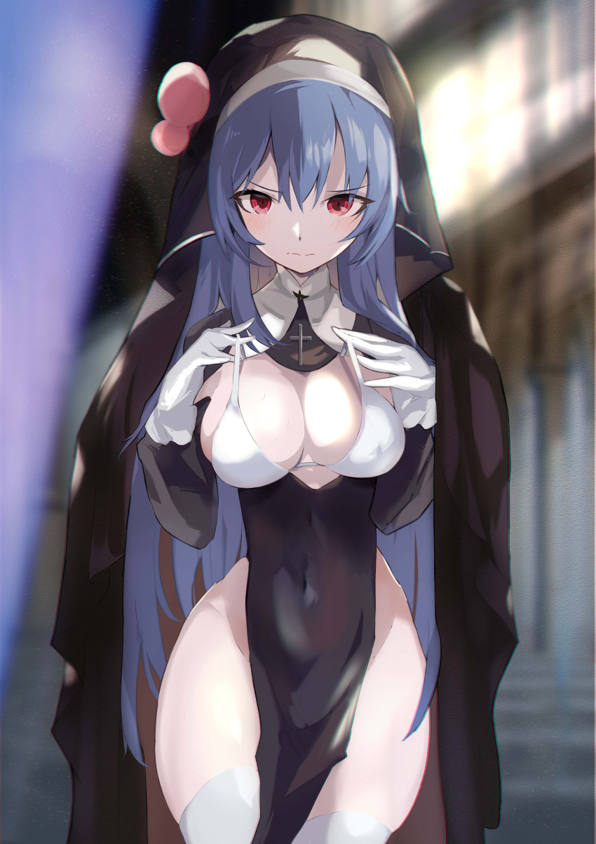 1girl absurdres alternate_costume blue_hair blurry blurry_background bra bra_pull breasts cleavage closed_mouth clothes_pull covered_navel cowboy_shot food fruit glaring gloves groin highres hinanawi_tenshi large_breasts long_hair looking_at_viewer no_panties nun peach pelvic_curtain pulled_by_self red_eyes solo standing tetsurou_(fe+) thighhighs touhou underwear white_bra white_gloves white_thighhighs