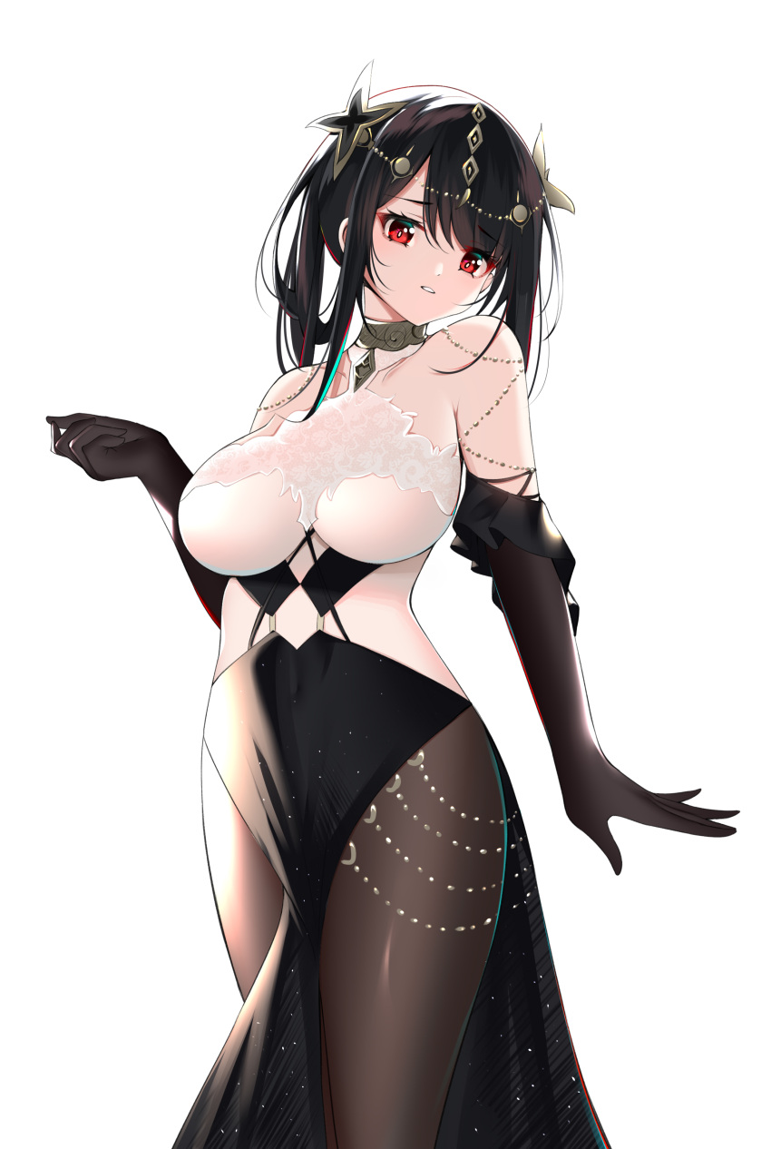 1girl absurdres azur_lane bare_shoulders black_flower black_hair bodystocking breasts catnnn chen_hai_(azur_lane) chen_hai_(cerulean_ripples)_(azur_lane) china_dress chinese_clothes cleavage collarbone covered_navel cowboy_shot dress elbow_gloves flower gloves halter_dress halterneck hand_up highres large_breasts looking_at_viewer official_alternate_costume parted_lips pelvic_curtain red_eyes simple_background solo taut_clothes taut_dress tight tight_dress white_background