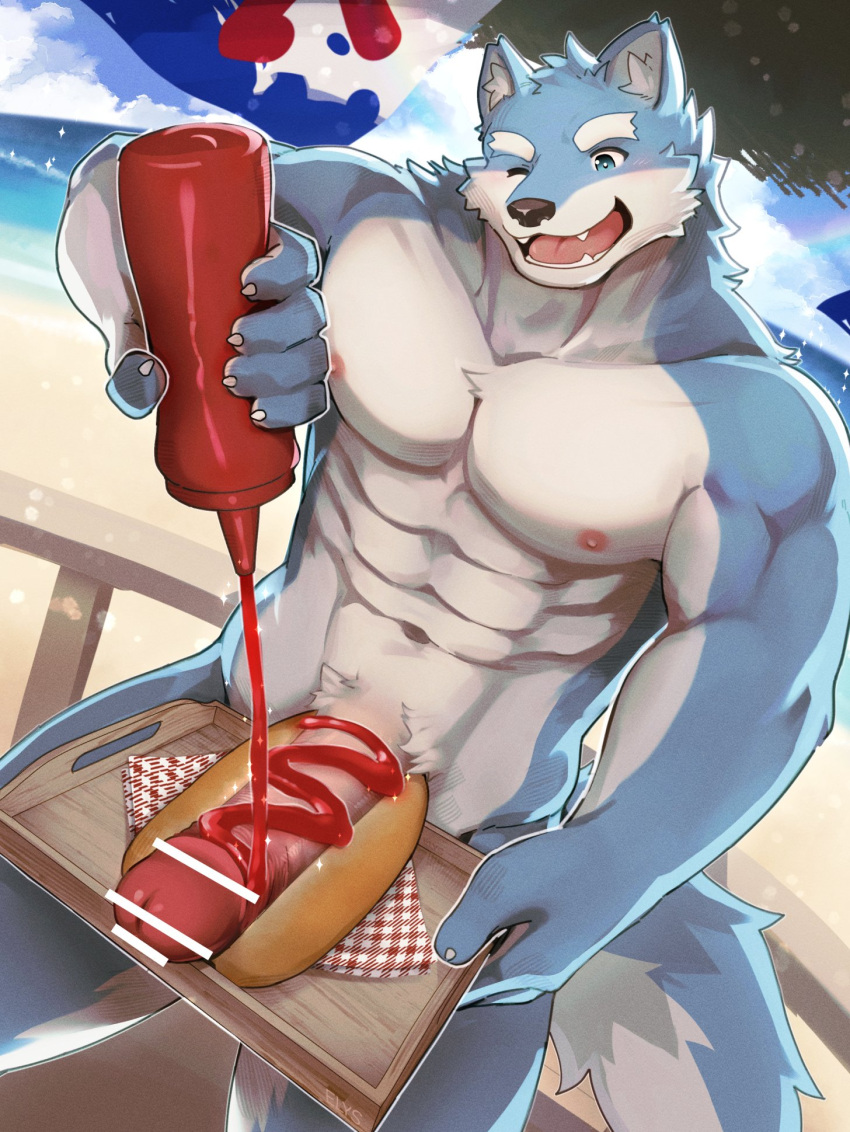 2022 5_fingers 7575el abs anthro beach canid canine canis fingers food genitals glans hi_res humanoid_genitalia humanoid_penis ketchup male mammal nude open_mouth penis penis_hot_dog seaside solo standing wolf