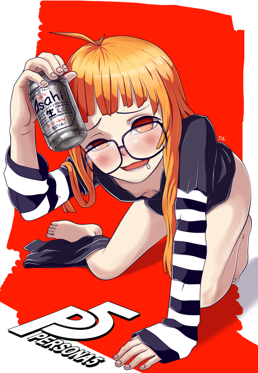 1girl ahoge alcohol all_fours asahi_breweries bangs barefoot beer beer_can blunt_bangs blush can copyright_name don_da drooling drunk flat_chest full_body glasses highres holding holding_can long_hair long_sleeves no_pants open_mouth orange_hair persona persona_5 raised_eyebrows red_eyes sakura_futaba saliva shirt shorts shorts_around_one_leg solo striped striped_shirt thighs