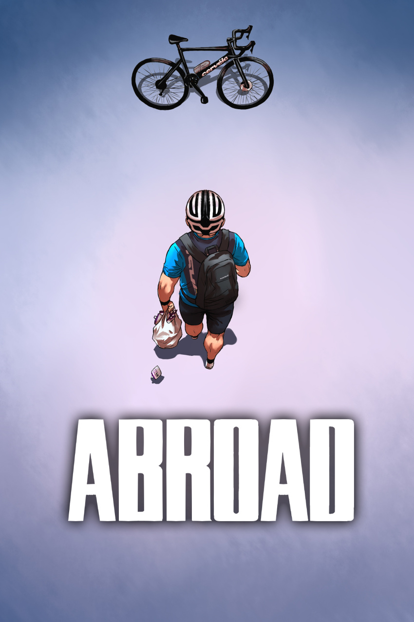 1boy akira backpack bag bicycle bicycle_helmet bike_shorts blue_shirt cdawgva from_above from_behind full_body ground_vehicle haraya_manawari helmet highres male_focus parody plastic_bag shirt solo trash_taste