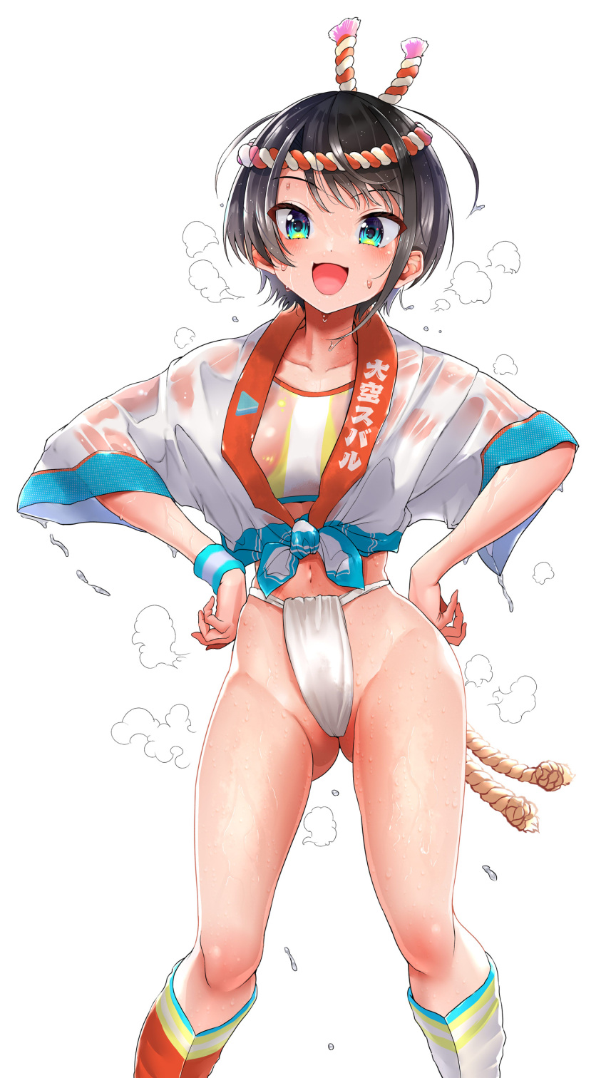 1girl :d absurdres aqua_eyes ass_visible_through_thighs bangs black_hair blush breasts covered_nipples dripping fundoshi hair_ornament highres hololive japanese_clothes kilesha looking_at_viewer medium_breasts navel oozora_subaru open_mouth see-through short_hair simple_background smile solo steam sweat sweating_profusely thighs virtual_youtuber wet wet_clothes wet_hair white_background wristband yamakasa