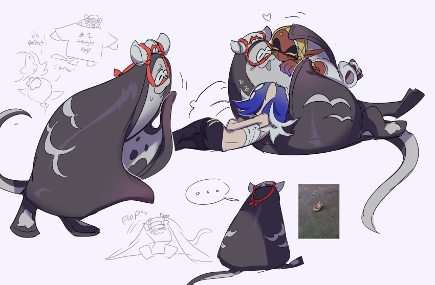 :3 animal_humanoid anthro batoid big_man_(splatoon) cephalopod cephalopod_humanoid cuddling ellipsis female fish flat_body frye_(splatoon) grey_body group hi_res humanoid inkling male manta_ray marine marine_humanoid meme mollusk mollusk_humanoid nintendo no_talk_me octarian octoling shiver_(splatoon) sleeping speckled_body splatoon stingray trio video_games vongulli