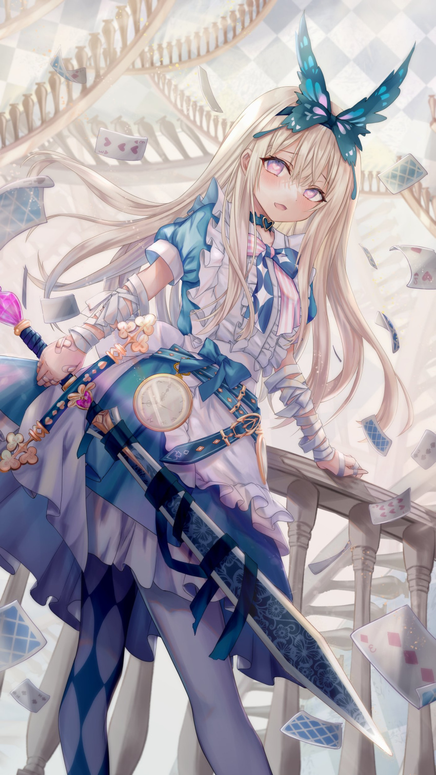 1girl absurdres alice_(alice_in_wonderland) apron blonde_hair blush card dress frills hair_ornament hairband heart heart-shaped_pupils highres holding holding_weapon long_hair looking_at_viewer necktie original pantyhose pink_eyes ribbon skirt solo sword symbol-shaped_pupils tina_oekaki watch weapon