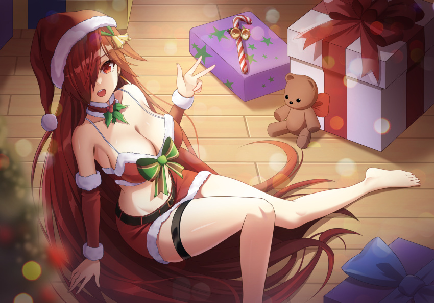 1girl :d absurdres alternate_breast_size bare_legs bare_shoulders bell belt blurry bokeh breasts candy candy_cane cleavage commentary depth_of_field detached_collar detached_sleeves dot_nose elesis_(elsword) elsword feet food full_body fur_trim gift hair_over_one_eye highres jingle_bell knees_together_feet_apart large_breasts long_hair looking_at_viewer naze236 open_mouth red_eyes red_hair santa_costume shadow sitting smile solo stuffed_animal stuffed_toy teddy_bear teeth thigh_strap thighs toes upper_teeth very_long_hair w wooden_floor