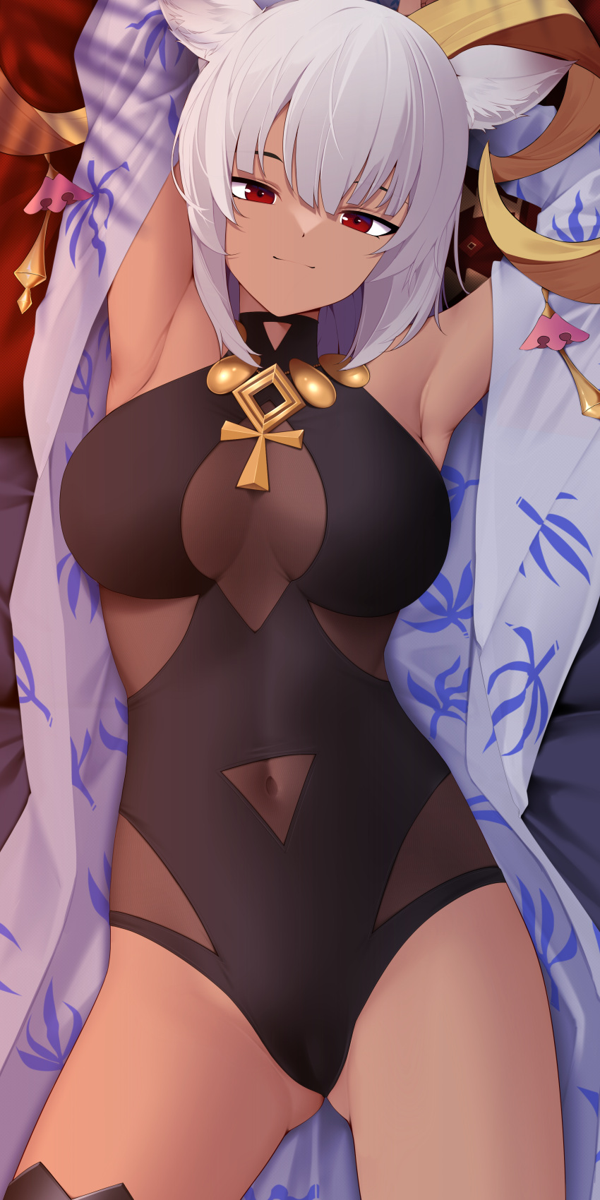 1girl absurdres animal_ears arknights armpits arms_up ass_visible_through_thighs bangs black_one-piece_swimsuit breasts cameltoe carnelian_(arknights) carnelian_(shining_dew)_(arknights) casual_one-piece_swimsuit closed_mouth covered_navel dakimakura_(medium) dark-skinned_female dark_skin goat_ears goat_girl goat_horns grey_hair highres horns jewelry large_breasts looking_at_viewer lying necklace official_alternate_costume on_back one-piece_swimsuit open_clothes red_eyes short_hair smile solo swimsuit z.taiga