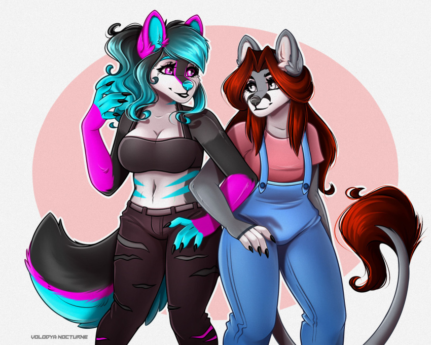 5:4 anthro bottomwear bright_eyes canid canine canis clothing denim denim_clothing duo female friends grey_body hair jeans long_hair mammal open_mouth open_smile pants red_hair renita shirt shy_smile smile t-shirt topic topwear undershirt volodyanocturne walking wolf yozora