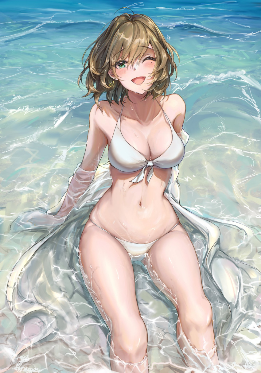 1girl ;d animal_ears arm_support bikini blush bob_cut breasts cleavage collarbone front-tie_bikini_top front-tie_top green_hair highres idolmaster idolmaster_cinderella_girls looking_at_viewer medium_breasts mole mole_under_eye navel nyome991 one_eye_closed sitting sitting_on_water skindentation smile solo swimsuit takagaki_kaede waves wet_jacket white_bikini