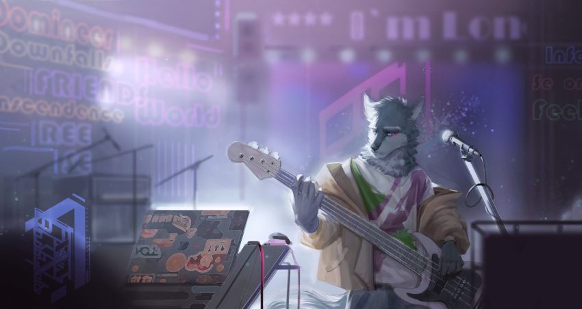 absurd_res anthro artist_logo awaldkize blue_eyes canid clothed clothing facial_markings front_view fur glistening glistening_eyes green_clothing green_topwear grey_body grey_ears grey_fur grey_nose guitar half-length_portrait head_markings head_tuft hi_res holding_guitar logo male mammal markings microphone mouth_closed musical_instrument neck_tuft playing_guitar playing_music plucked_string_instrument portrait purple_clothing purple_topwear red_markings solo string_instrument tan_clothing tan_topwear topwear tuft white_body white_clothing white_fur white_inner_ear white_topwear
