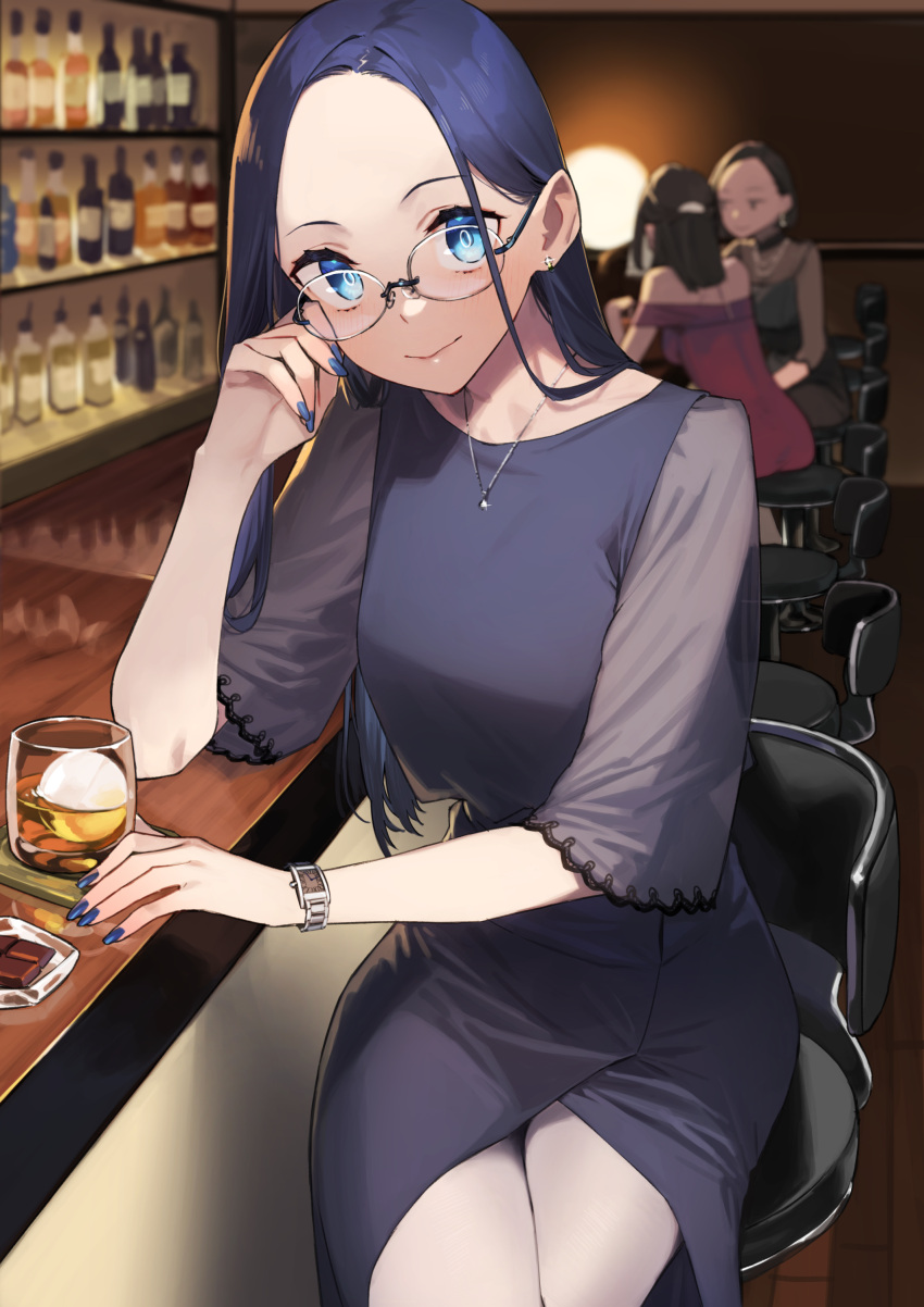 3girls 92m absurdres alcohol bar blue_dress blue_eyes blue_hair blue_nails bottle closed_mouth commentary cup dateko dress drinking_glass earrings forehead ganbare_douki-chan glasses highres indoors jewelry long_hair looking_at_viewer miru_tights multiple_girls nail_polish necklace okuzumi_yuiko original senpai-san_(douki-chan) sitting solo_focus watch