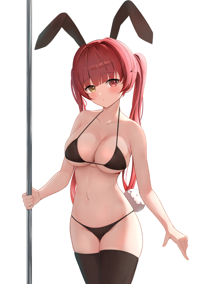 1girl absurdres alternate_costume animal_ears bikini black_bikini black_thighhighs blush breasts closed_mouth collarbone heterochromia highres hololive houshou_marine large_breasts navel nontraditional_playboy_bunny rabbit_ears rabbit_tail red_eyes red_hair simple_background solo stomach stripper_pole swimsuit tail thighhighs tokutokenzen twintails white_background yellow_eyes
