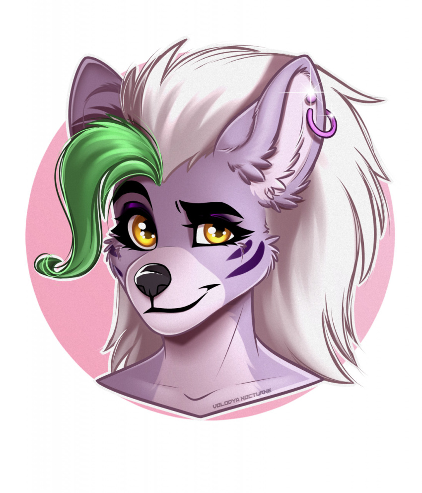 anthro canid canine canis ear_piercing ear_ring female five_nights_at_freddy's five_nights_at_freddy's:_security_breach fur green_hair hair headshot_portrait hi_res hoop_ear_ring icon mammal narrowed_eyes naughty_face piercing pink_body pink_fur portrait ring_piercing roxanne_wolf_(fnaf) scottgames sly_look smile solo video_games volodyanocturne white_hair wolf