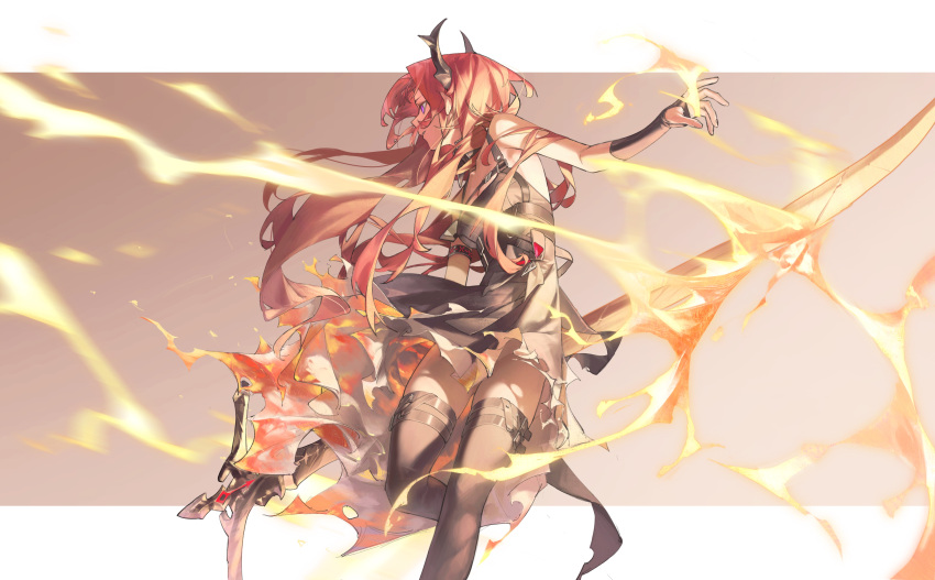 1girl absurdres arknights black_dress dress fingerless_gloves fire gloves highres holding holding_weapon horns looking_to_the_side purple_eyes red_hair revision scythe solo surtr_(arknights) thighhighs weapon wushier