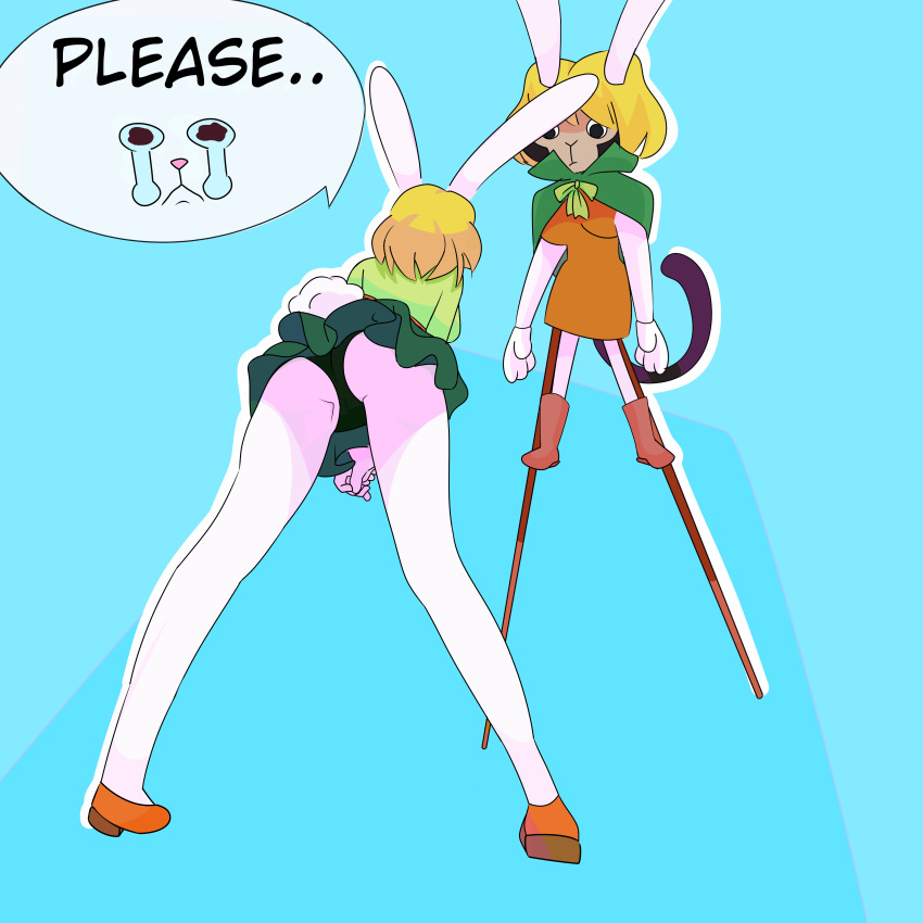 absurd_res anthro black_clothing black_panties black_underwear bottomwear butt carrot_(one_piece) clothed clothing costume deepfur female fur green_clothing green_panties green_underwear haplorhine hi_res lagomorph leporid low-angle_view male male/female mammal monkey one_piece panties primate rabbit rear_view skirt solo underwear white_body white_fur