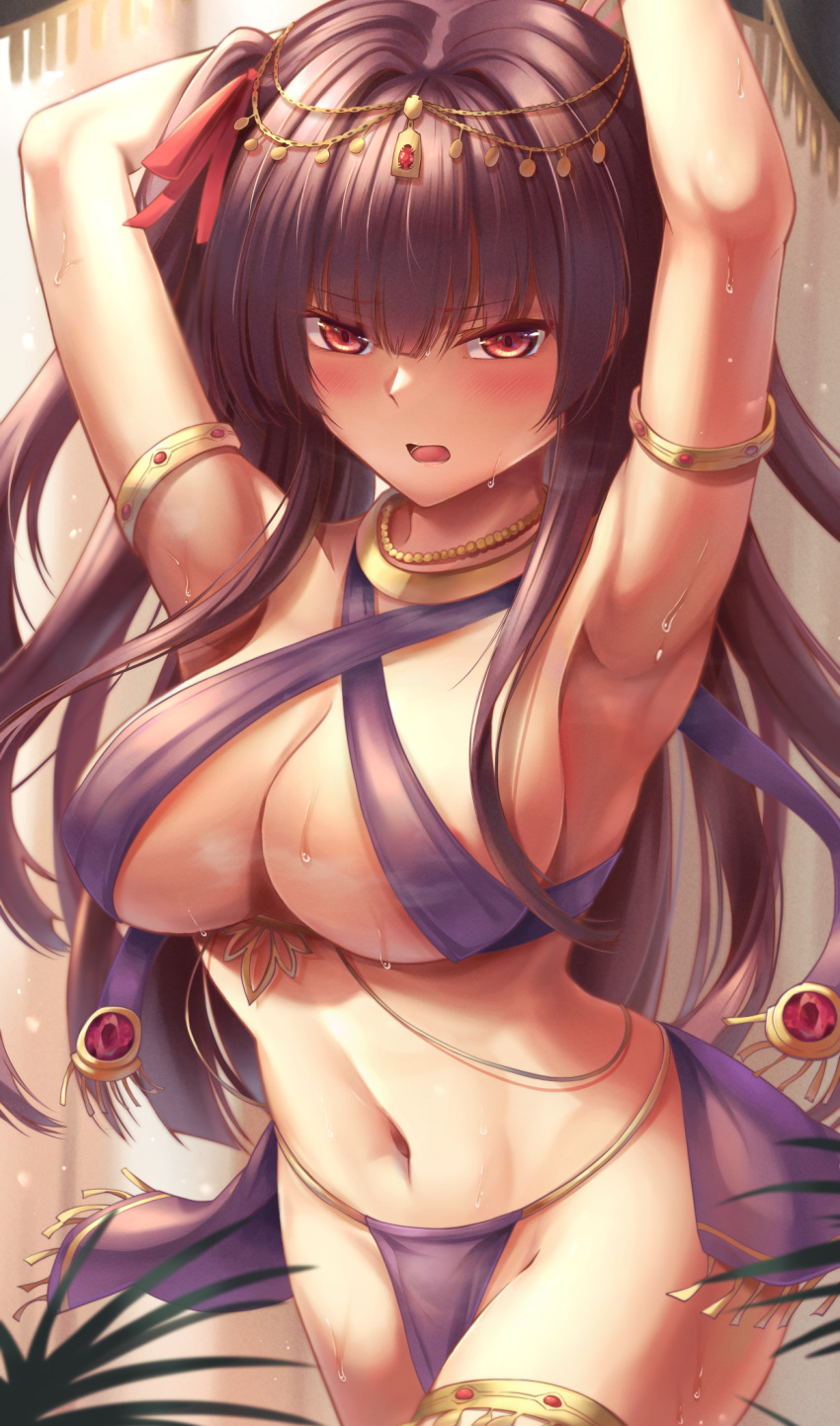 1girl alternate_costume armpits arms_behind_head bangs bare_shoulders belly_dancing bikini blush bracer breasts cleavage dancer feet_out_of_frame girls'_frontline hair_ornament hair_ribbon highres jewelry large_breasts leaning_forward long_hair looking_at_viewer navel necklace open_mouth presenting_armpit purple_bikini purple_hair red_eyes ribbon side_ponytail solo standing stomach sweat sweatdrop swimsuit wa2000_(girls'_frontline) xlscaler