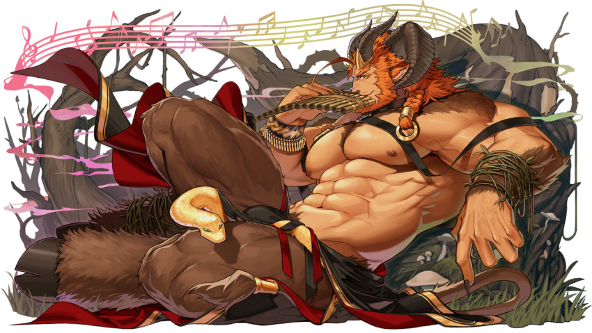 1boy abs animal_ears another_eidos-r azmond_(another_eidos) bara bdsm beard biceps body_fur brown_fur bulge clothes_lift curled_horns facial_hair fingernails flute fork goat_boy goat_ears goat_horns goat_tail gomtang holding holding_instrument horns instrument large_hands magic male_focus male_pubic_hair male_underwear mature_male monster_boy multiple_boys multiple_horns muscular muscular_male mustache navel non-web_source official_art orange_hair pectorals pelvic_curtain pelvic_curtain_lift pubic_hair pubic_hair_peek satyr sharp_fingernails short_hair snake solo stomach thick_eyebrows underwear veins veiny_arms