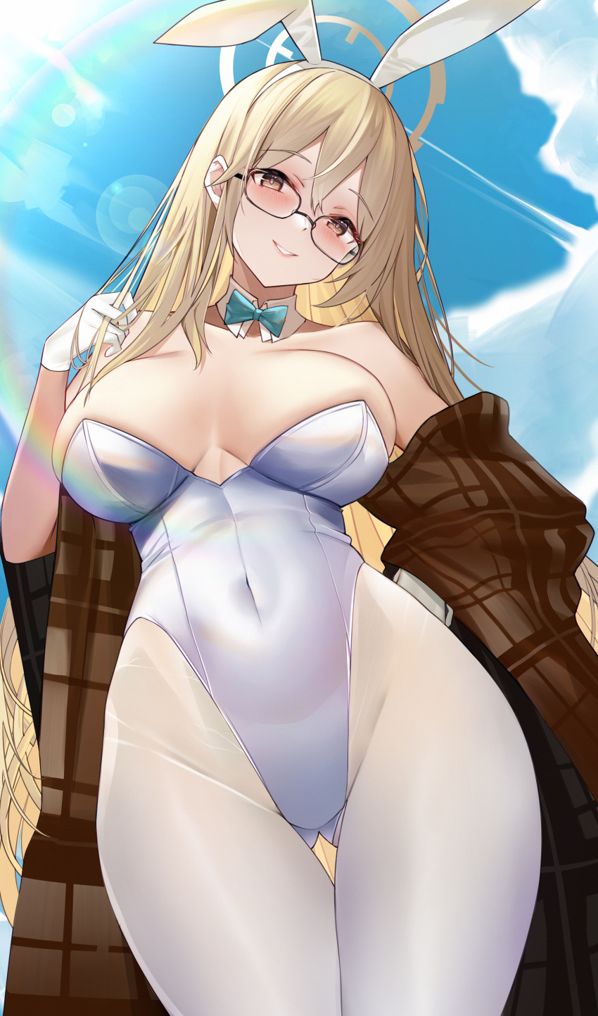 1girl absurdres akane_(blue_archive) akane_(bunny)_(blue_archive) animal_ears aqua_bow aqua_bowtie ass_visible_through_thighs bare_shoulders blonde_hair blue_archive blue_bow blue_sky bow bowtie breasts breasts_apart brown_eyes cloud covered_navel cowboy_shot detached_collar fake_animal_ears glasses gloves groin highleg highleg_leotard highres large_breasts leotard long_hair looking_at_viewer mcic0 open_clothes pantyhose parted_lips playboy_bunny rabbit_ears sky smile solo thigh_gap thighs white_gloves white_leotard white_pantyhose