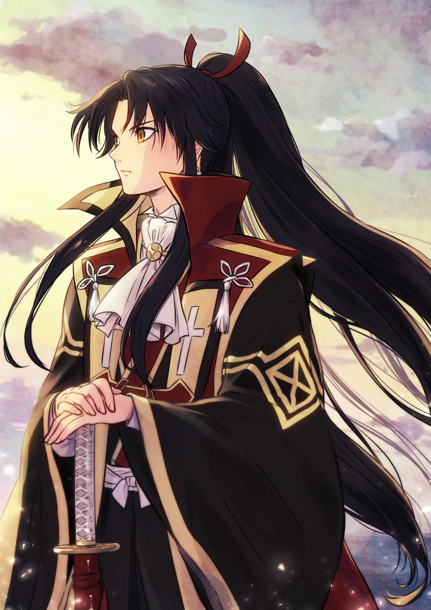 1boy absurdres amakusa_shirou_(fate) amakusa_shirou_(third_ascension)_(fate) ascot bangs black_hair black_kimono closed_mouth cloud cowboy_shot cross_print earrings fate/apocrypha fate/grand_order fate_(series) hair_ribbon hands_on_hilt highres japanese_clothes jewelry kataginu katana kimono light_particles long_hair looking_afar male_focus ocean parted_bangs ponytail red_ribbon ribbon shirt solo sunset sword tassel weapon white_ascot white_shirt yellow_eyes yoi_(207342)